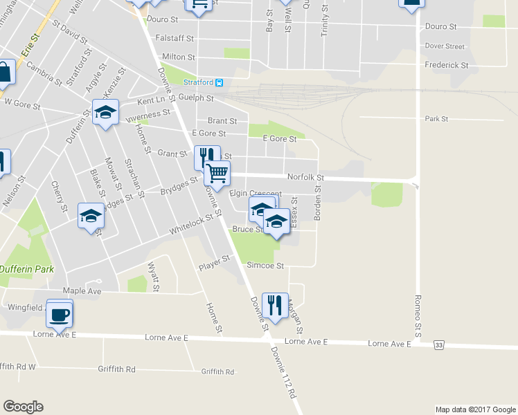 map of restaurants, bars, coffee shops, grocery stores, and more near 266 Elgin Crescent in Stratford