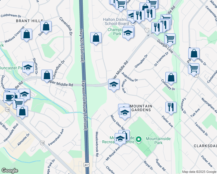 map of restaurants, bars, coffee shops, grocery stores, and more near 2300 Upper Middle Road in Burlington