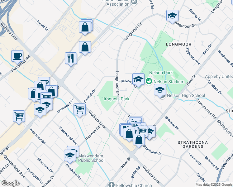 map of restaurants, bars, coffee shops, grocery stores, and more near 4203 Longmoor Drive in Burlington