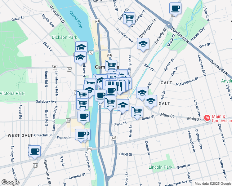 map of restaurants, bars, coffee shops, grocery stores, and more near 76 Main Street in Cambridge