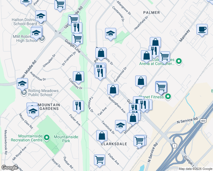 map of restaurants, bars, coffee shops, grocery stores, and more near 1306 Guelph Line in Burlington