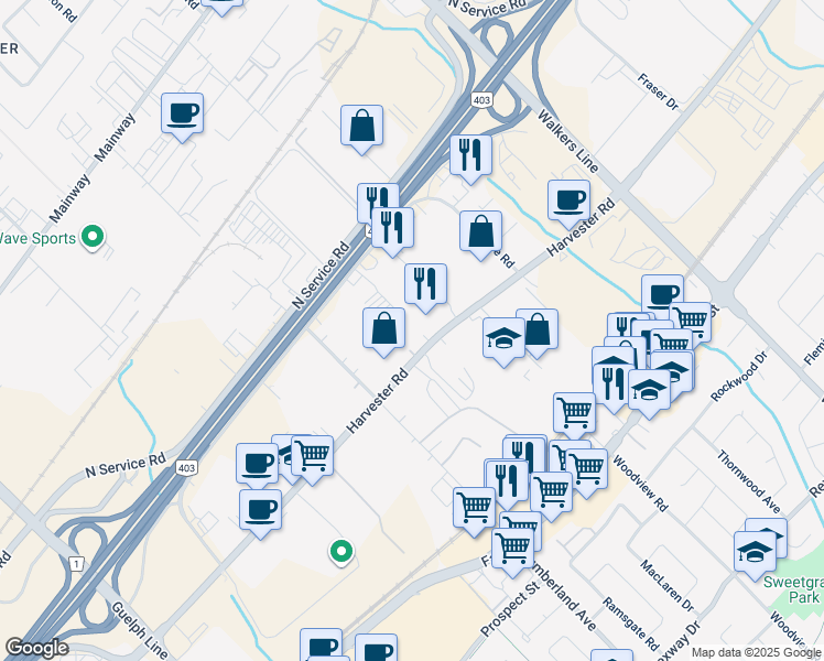 map of restaurants, bars, coffee shops, grocery stores, and more near 3325 Harvester Road in Burlington