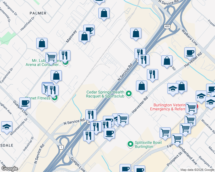 map of restaurants, bars, coffee shops, grocery stores, and more near 3221 North Service Road in Burlington