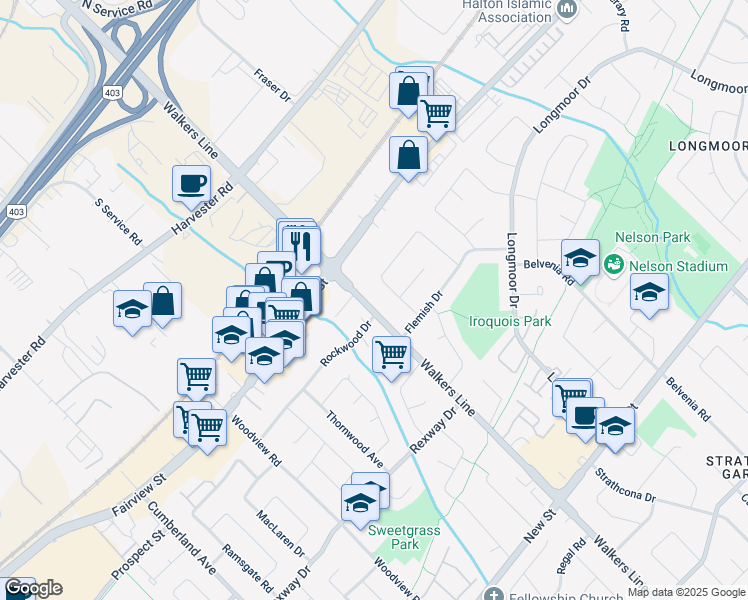 map of restaurants, bars, coffee shops, grocery stores, and more near 691 Walkers Line in Burlington