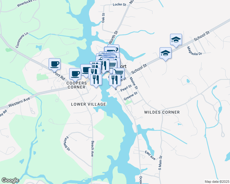 map of restaurants, bars, coffee shops, grocery stores, and more near 43 Ocean Avenue in Kennebunkport
