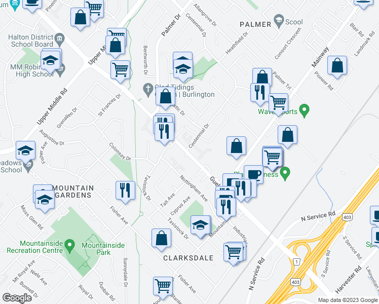 map of restaurants, bars, coffee shops, grocery stores, and more near 1294 Guelph Line in Burlington