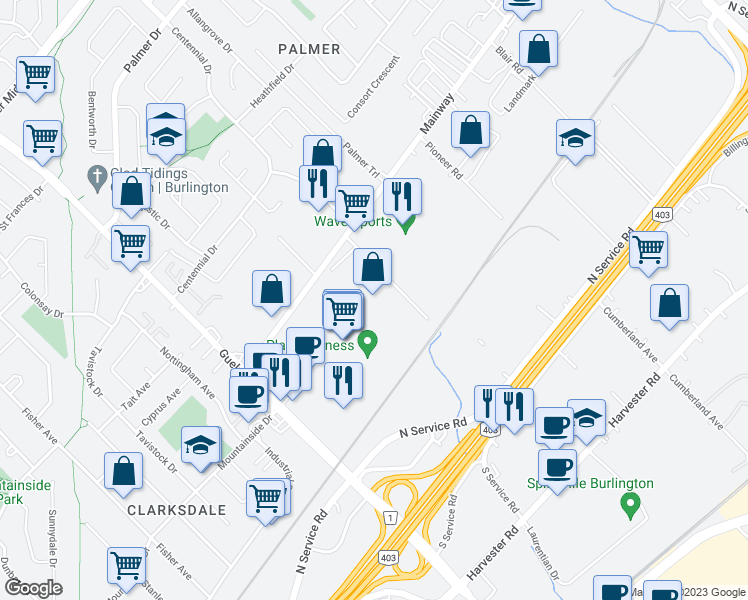 map of restaurants, bars, coffee shops, grocery stores, and more near 1150 Northside Road in Burlington