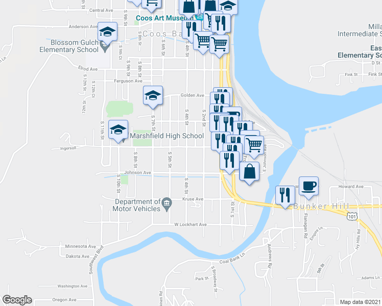 map of restaurants, bars, coffee shops, grocery stores, and more near 945 South 2nd Street in Coos Bay