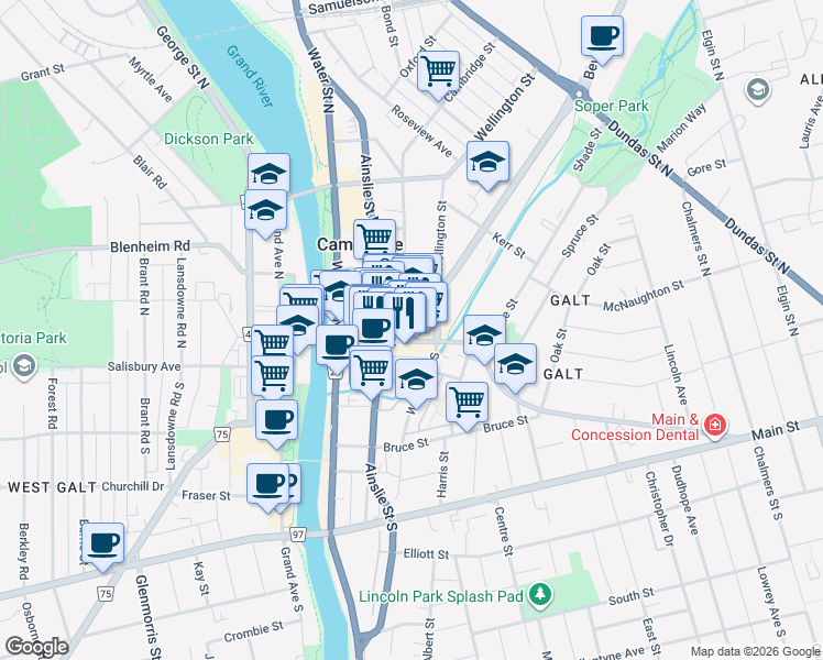map of restaurants, bars, coffee shops, grocery stores, and more near 76 Main Street in Cambridge