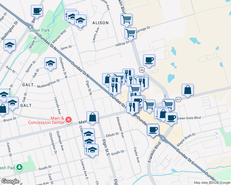map of restaurants, bars, coffee shops, grocery stores, and more near 115 Dundas Street North in Cambridge