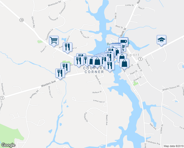 map of restaurants, bars, coffee shops, grocery stores, and more near 1 Beach Avenue in Kennebunk