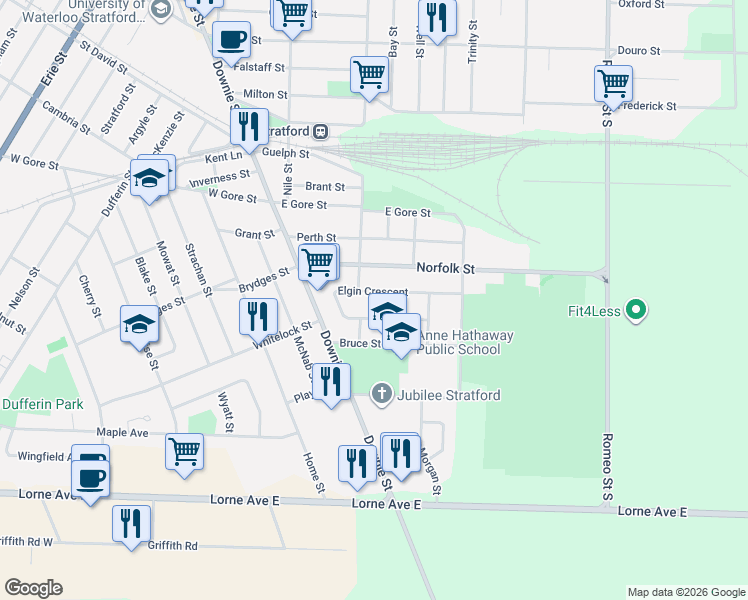map of restaurants, bars, coffee shops, grocery stores, and more near 266 Elgin Crescent in Stratford
