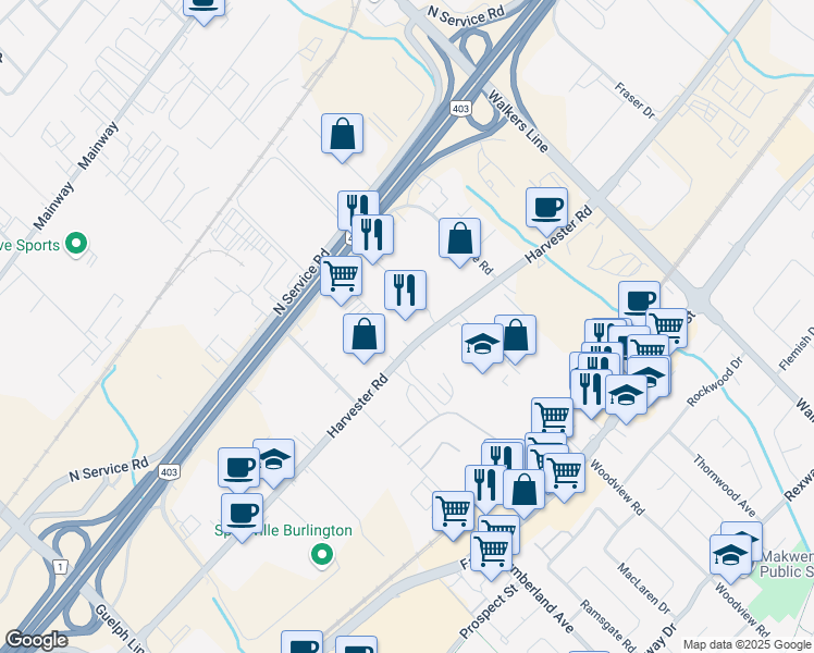 map of restaurants, bars, coffee shops, grocery stores, and more near 3345 Harvester Road in Burlington