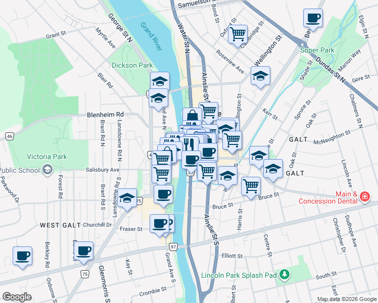 map of restaurants, bars, coffee shops, grocery stores, and more near 12 Water Street North in Cambridge