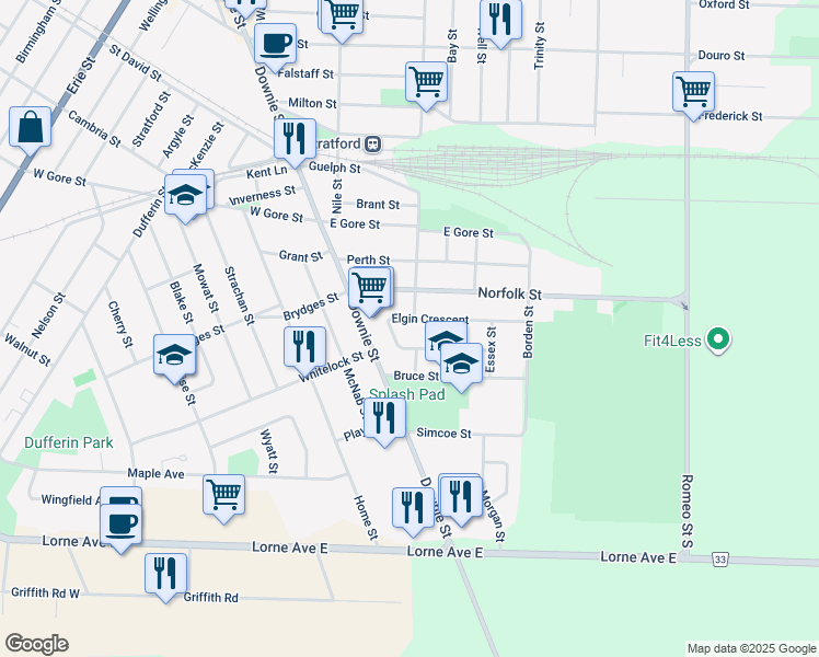 map of restaurants, bars, coffee shops, grocery stores, and more near 211 Elgin Crescent in Stratford