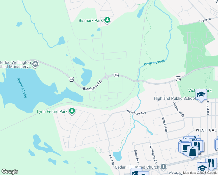 map of restaurants, bars, coffee shops, grocery stores, and more near 142 Queensbrook Crescent in Cambridge