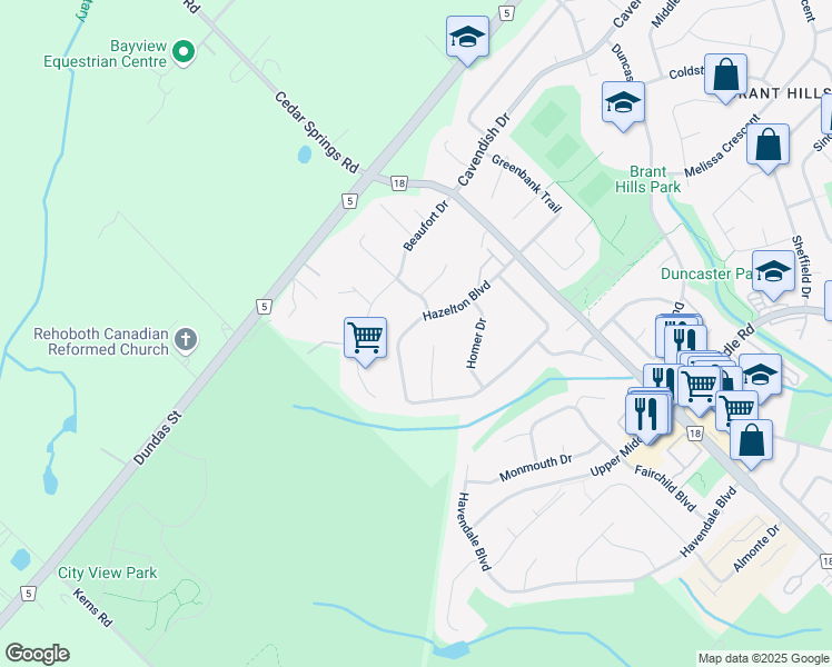 map of restaurants, bars, coffee shops, grocery stores, and more near 1394 Hazelton Boulevard in Burlington
