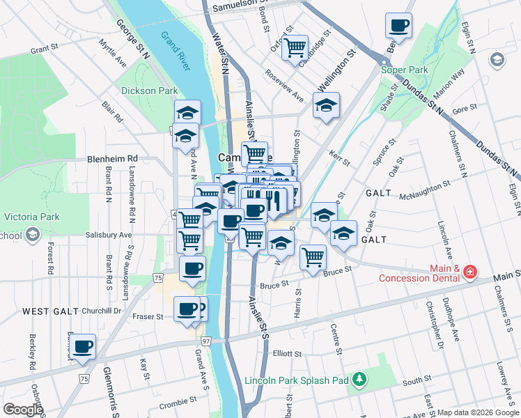 map of restaurants, bars, coffee shops, grocery stores, and more near 13 Ainslie Street North in Cambridge