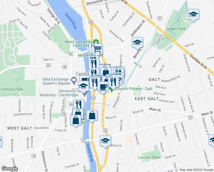 map of restaurants, bars, coffee shops, grocery stores, and more near 15 Ainslie Street North in Cambridge