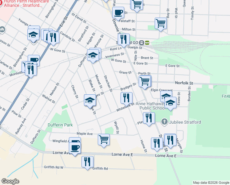map of restaurants, bars, coffee shops, grocery stores, and more near 140 Strachan Street in Stratford