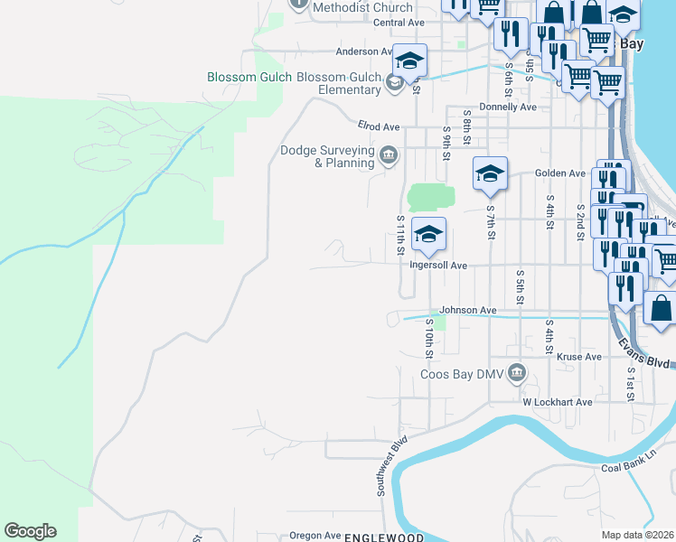 map of restaurants, bars, coffee shops, grocery stores, and more near 1300 Ingersoll Avenue in Coos Bay