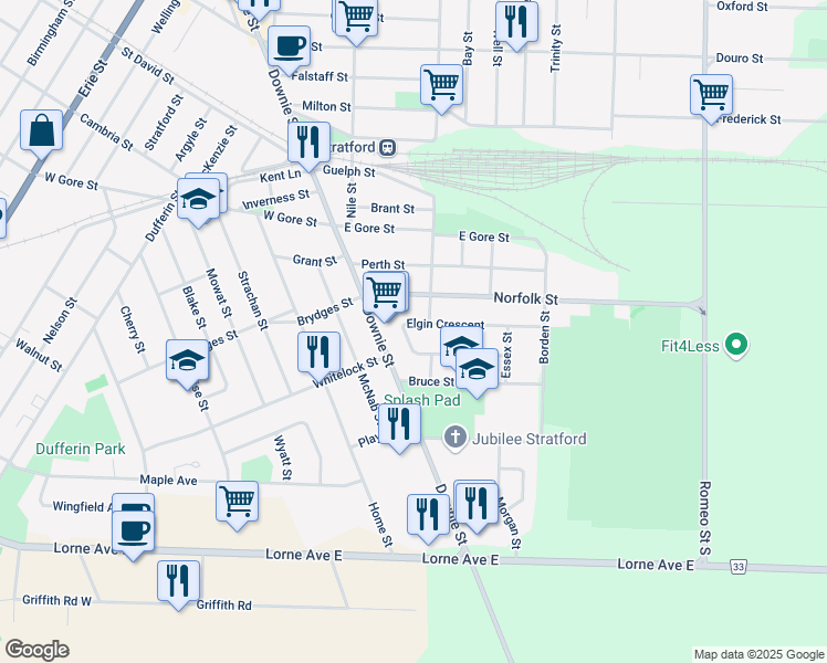 map of restaurants, bars, coffee shops, grocery stores, and more near 163 Elgin Crescent in Stratford