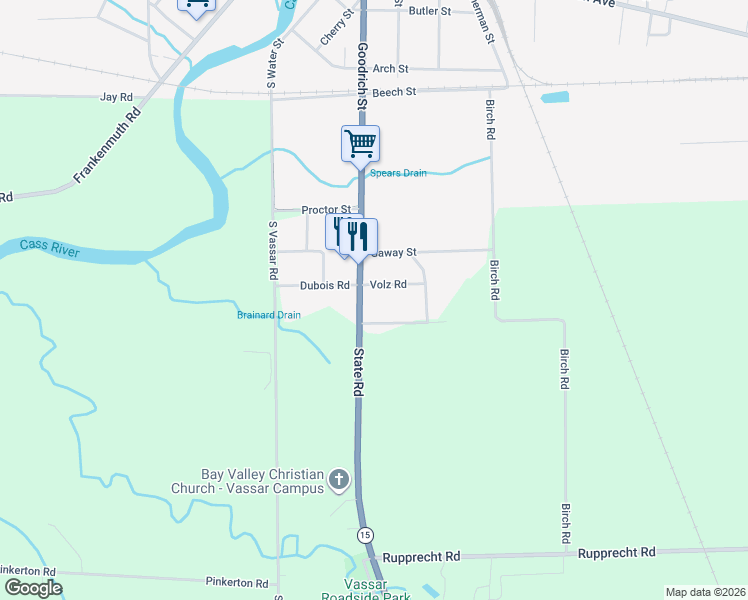 map of restaurants, bars, coffee shops, grocery stores, and more near 656 Michigan 15 in Vassar