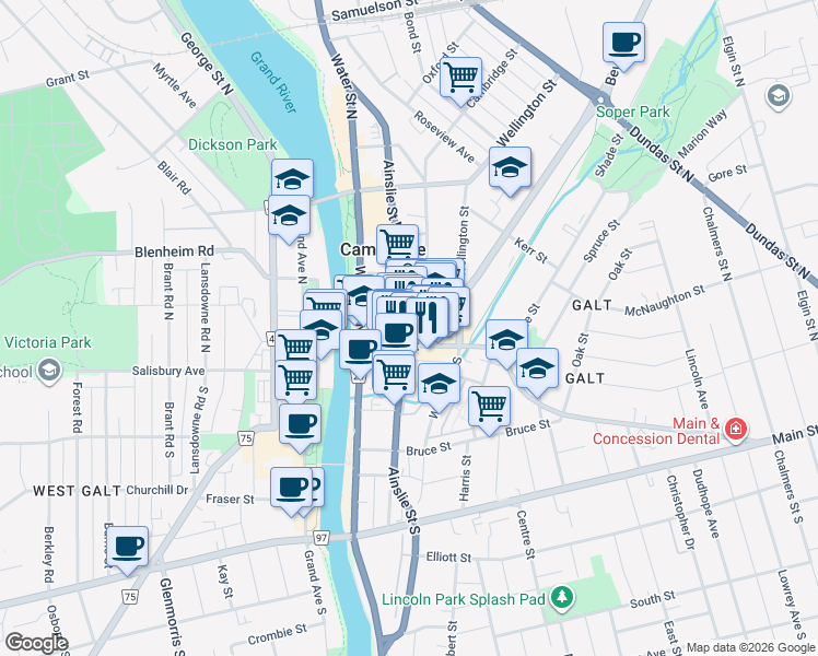 map of restaurants, bars, coffee shops, grocery stores, and more near 13 Ainslie Street North in Cambridge
