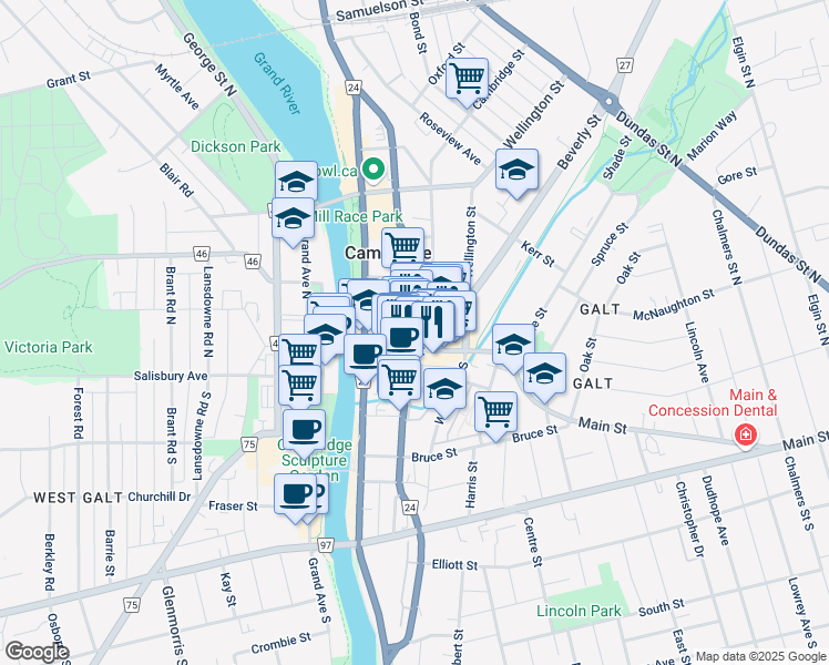 map of restaurants, bars, coffee shops, grocery stores, and more near 76 Main Street in Cambridge