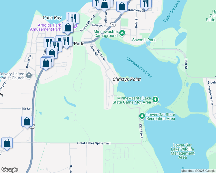 map of restaurants, bars, coffee shops, grocery stores, and more near 267-599 Dam Rd in Arnolds Park