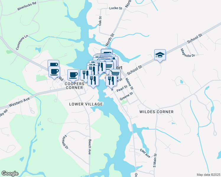 map of restaurants, bars, coffee shops, grocery stores, and more near 43 Ocean Avenue in Kennebunkport