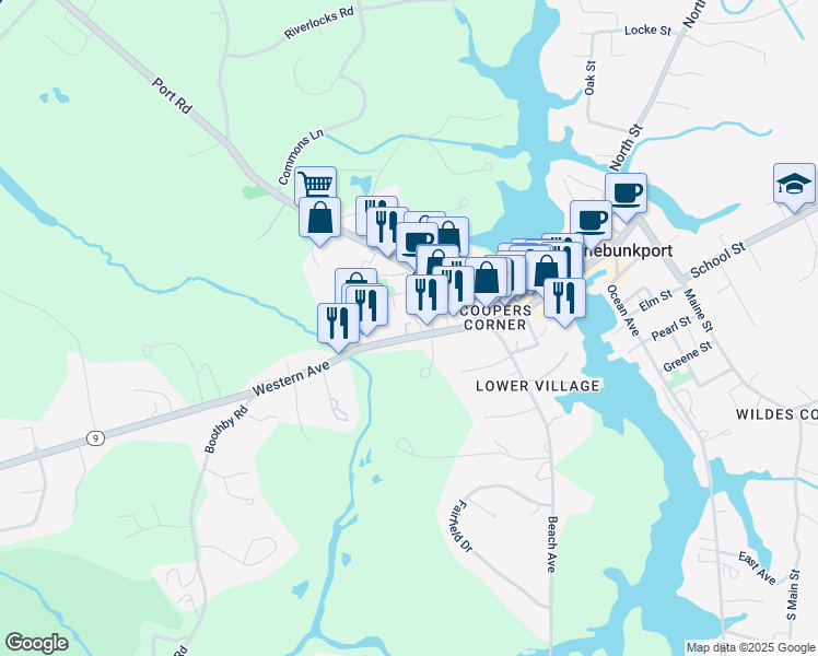 map of restaurants, bars, coffee shops, grocery stores, and more near 34 Western Avenue in Kennebunk