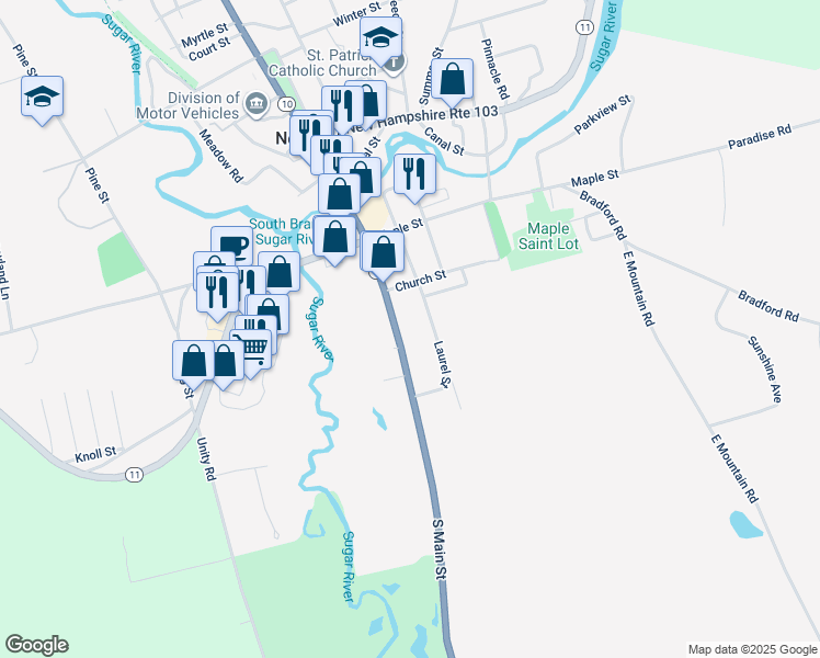 map of restaurants, bars, coffee shops, grocery stores, and more near 116 Main Street in Newport