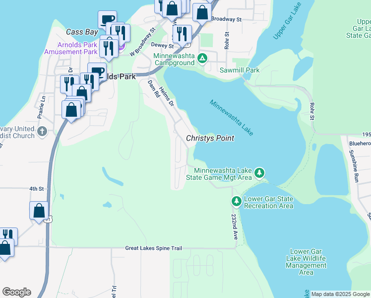map of restaurants, bars, coffee shops, grocery stores, and more near 267 Dam Road in Arnolds Park