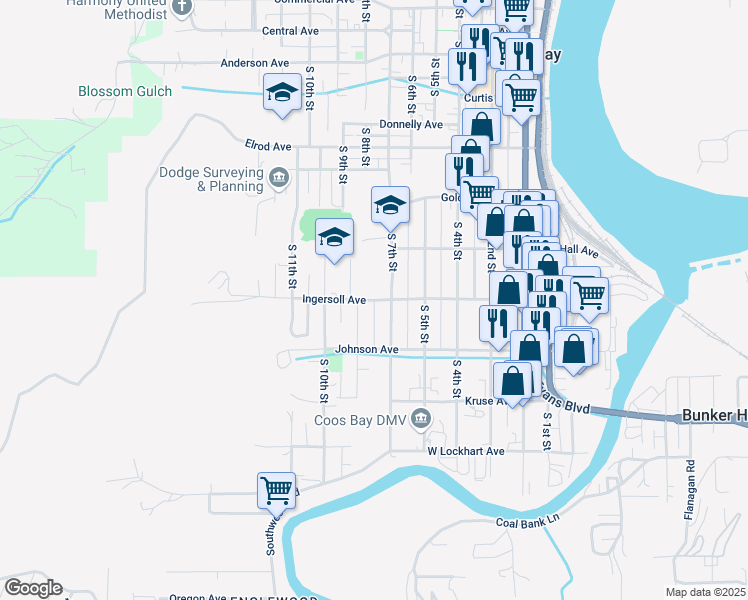 map of restaurants, bars, coffee shops, grocery stores, and more near 750 Ingersoll Avenue in Coos Bay