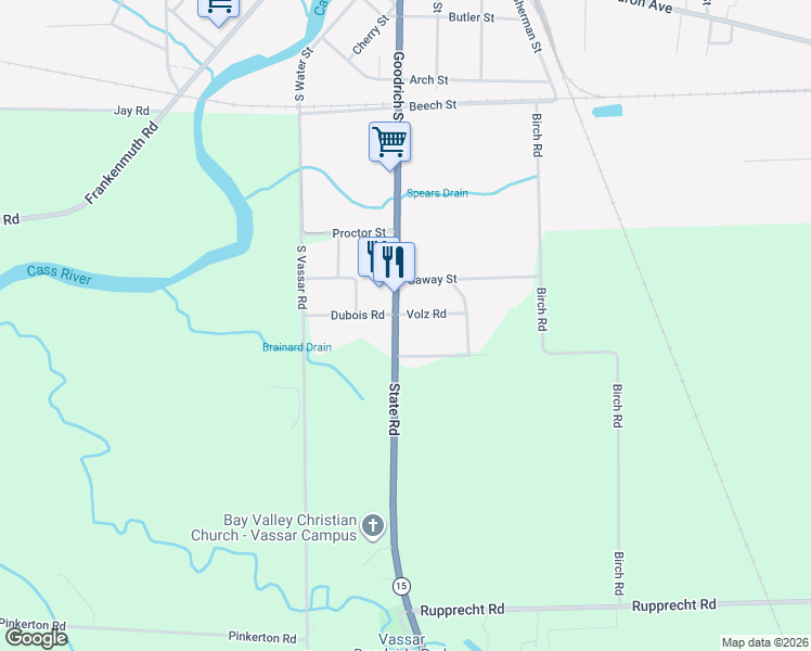 map of restaurants, bars, coffee shops, grocery stores, and more near 656 Michigan 15 in Vassar