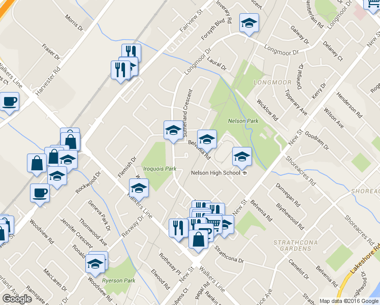 map of restaurants, bars, coffee shops, grocery stores, and more near 602 Clare Place in Burlington
