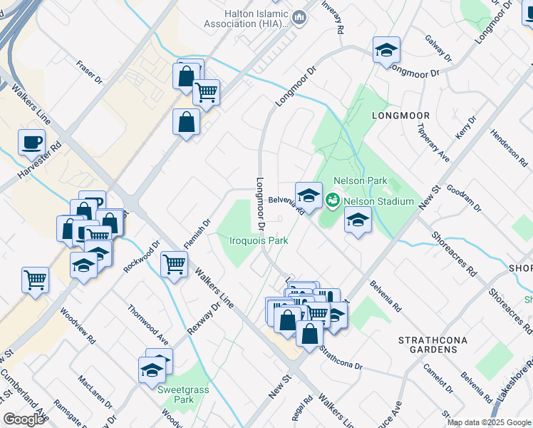 map of restaurants, bars, coffee shops, grocery stores, and more near 4210 Longmoor Drive in Burlington
