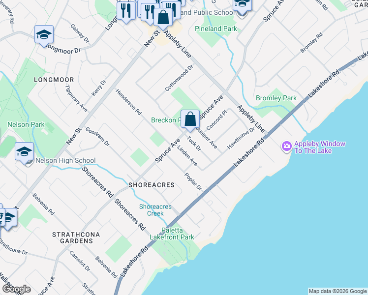 map of restaurants, bars, coffee shops, grocery stores, and more near 271 Linden Avenue in Burlington