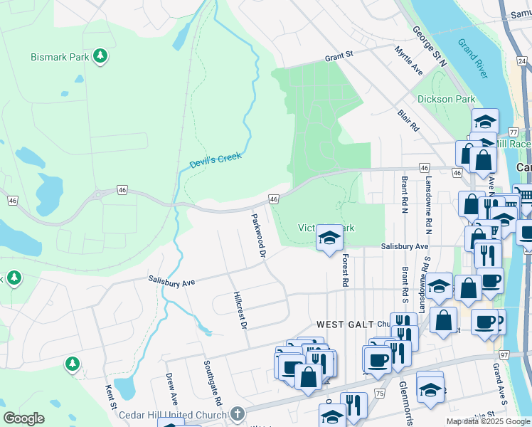map of restaurants, bars, coffee shops, grocery stores, and more near 3 Parkwood Drive in Cambridge