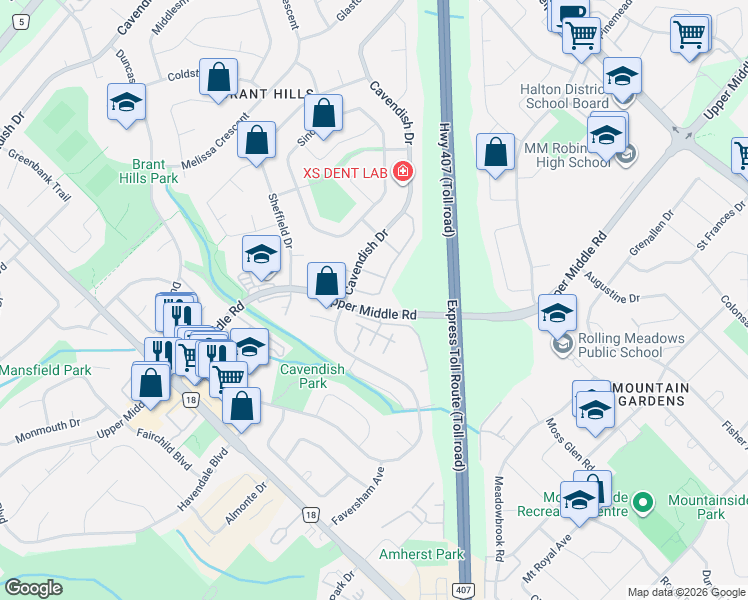 map of restaurants, bars, coffee shops, grocery stores, and more near 2301 Cavendish Drive in Burlington