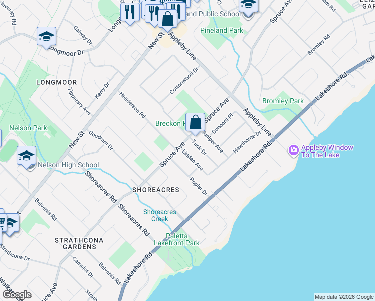 map of restaurants, bars, coffee shops, grocery stores, and more near 262 Linden Avenue in Burlington