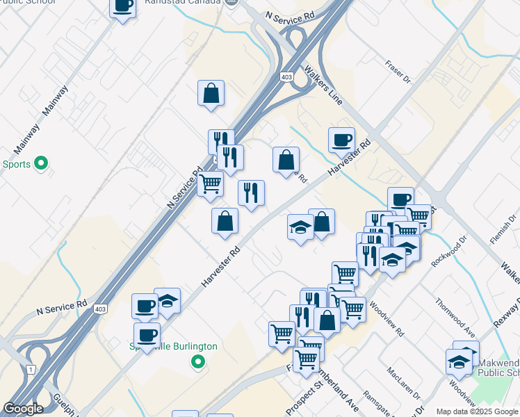 map of restaurants, bars, coffee shops, grocery stores, and more near 3365 Harvester Road in Burlington