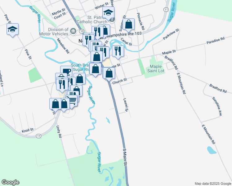 map of restaurants, bars, coffee shops, grocery stores, and more near 116 Main Street in Newport