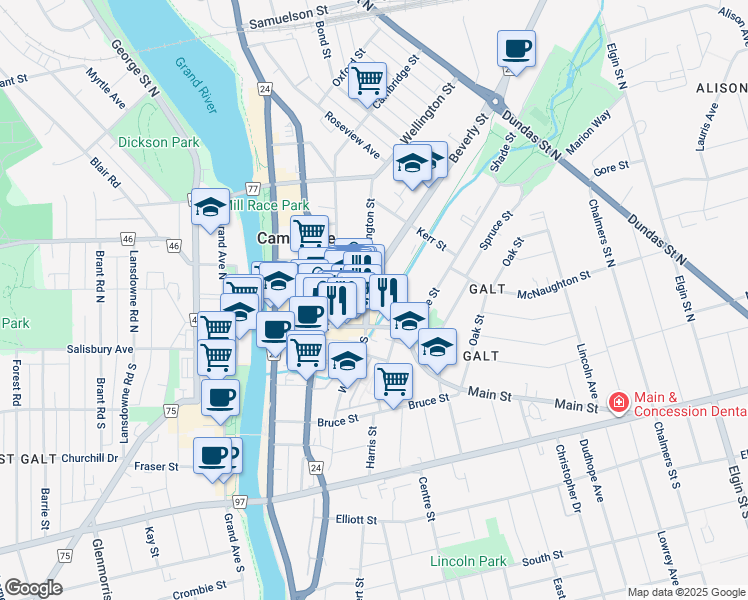 map of restaurants, bars, coffee shops, grocery stores, and more near 138 Main Street in Cambridge