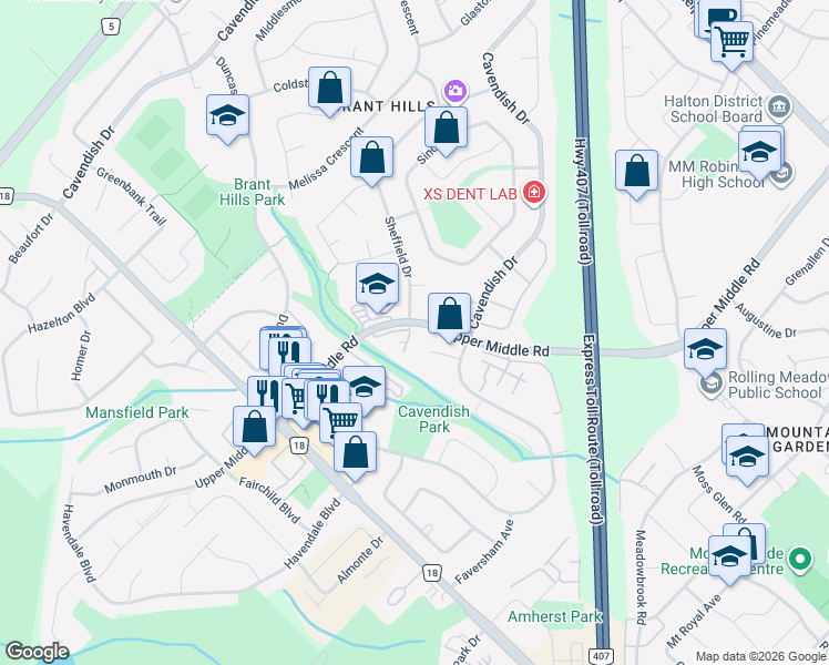 map of restaurants, bars, coffee shops, grocery stores, and more near 2150 Upper Middle Road in Burlington