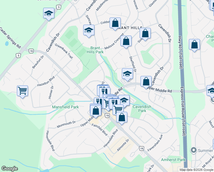map of restaurants, bars, coffee shops, grocery stores, and more near 2155 Duncaster Drive in Burlington