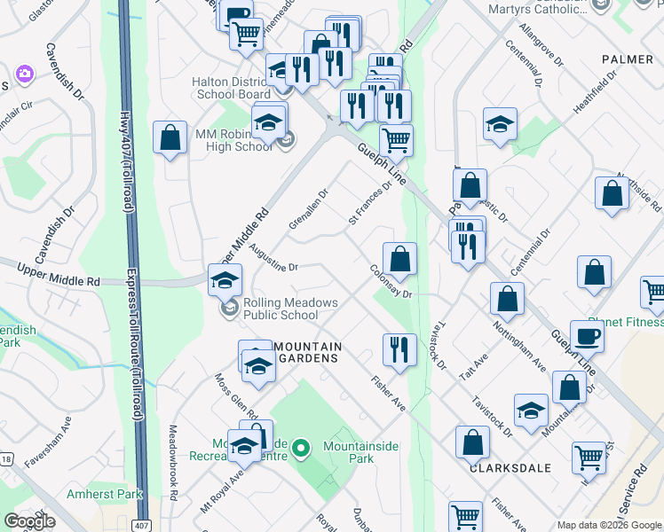 map of restaurants, bars, coffee shops, grocery stores, and more near 1459 Augustine Drive in Burlington