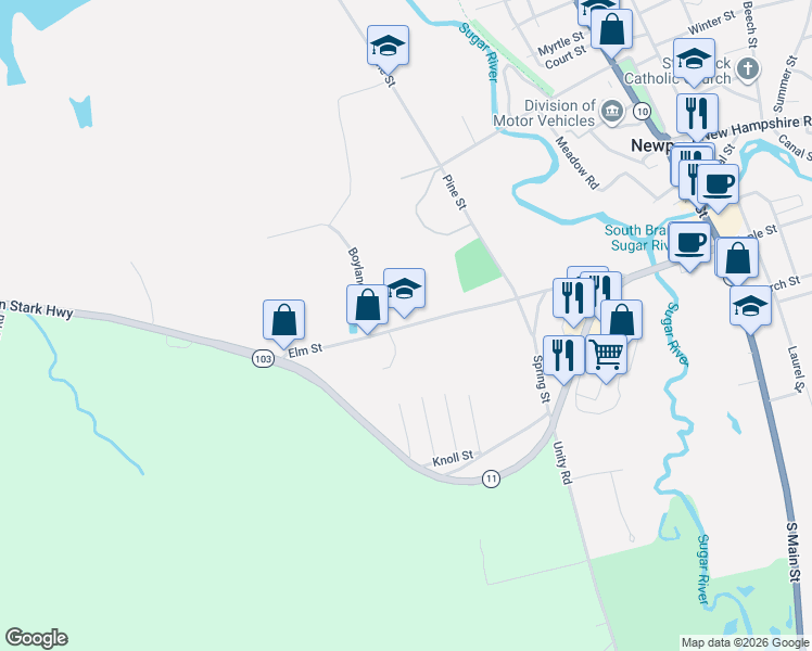 map of restaurants, bars, coffee shops, grocery stores, and more near 135 Elm Street in Newport