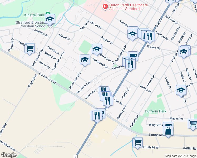 map of restaurants, bars, coffee shops, grocery stores, and more near 128 Monteith Avenue in Stratford